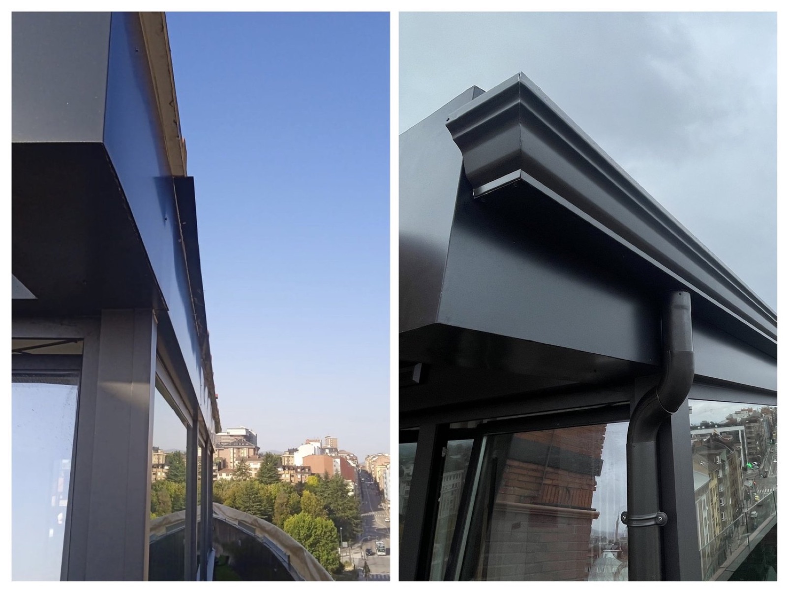 Canalón y bajante de aluminio gris pizarra en un ático acristalado